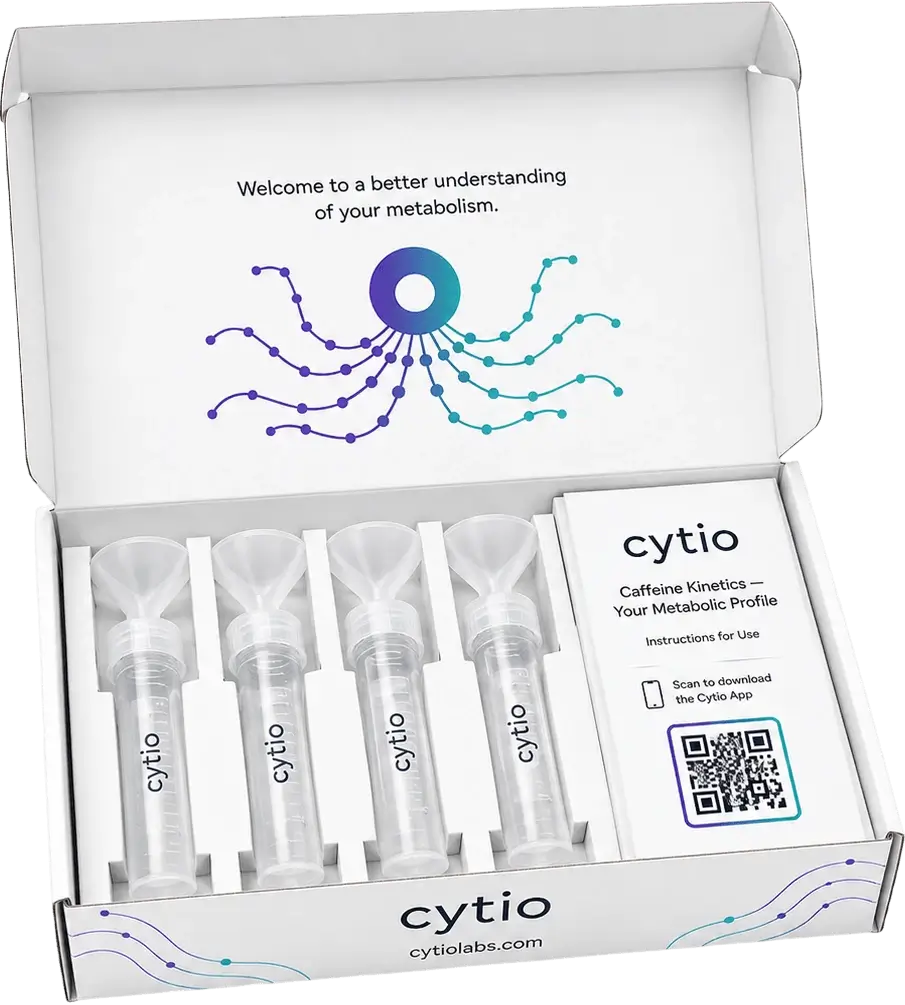 Cytio Caffeine Kinetics at-home test kit with four sample collection vials and instruction booklet.